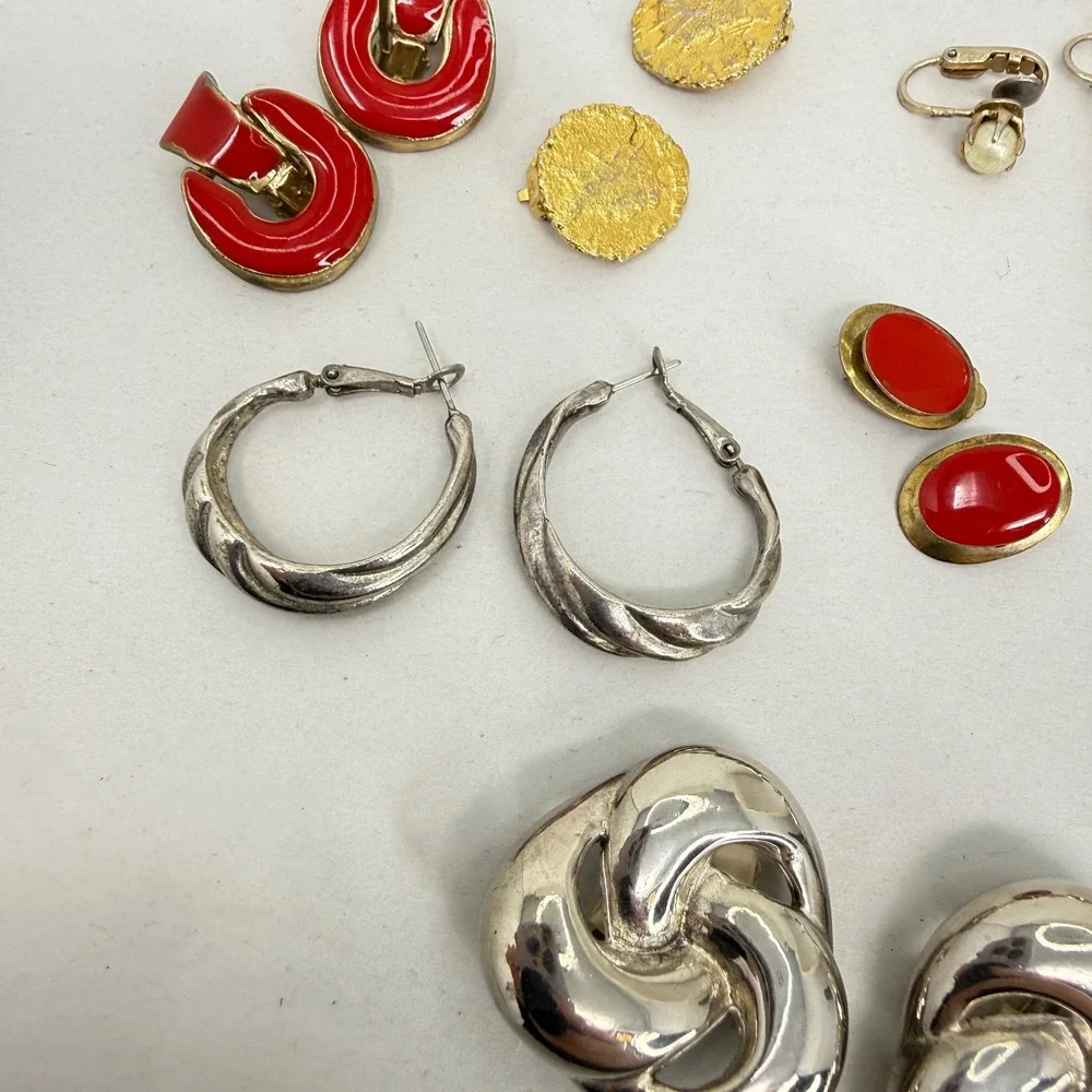 Vintage Earring‎ Lot 14 Pairs Clip On Napier Silver Tone Red Enamel Faux Pearl